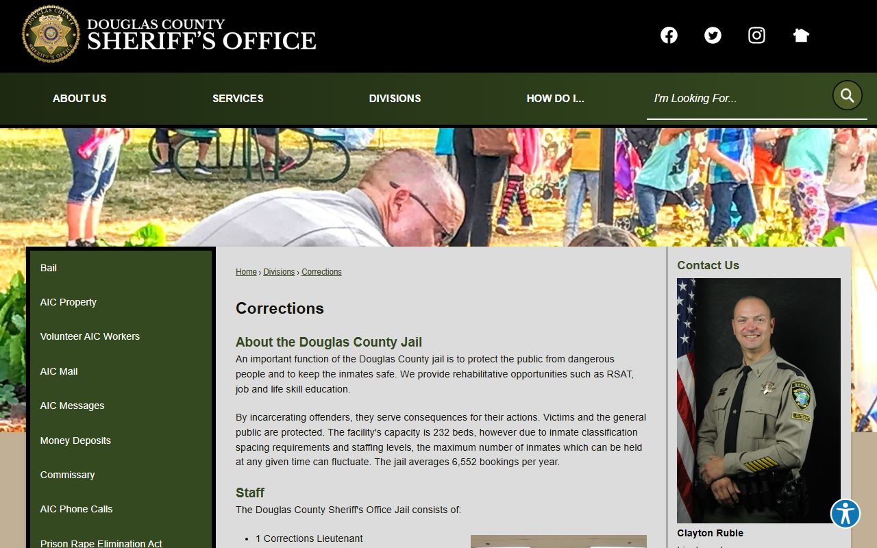 Douglas County Sheriff's Office Corrections page with jail capacity and AIC service links
