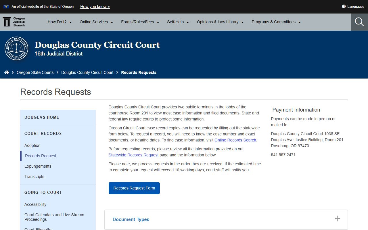 Douglas County court records request page for case copy access